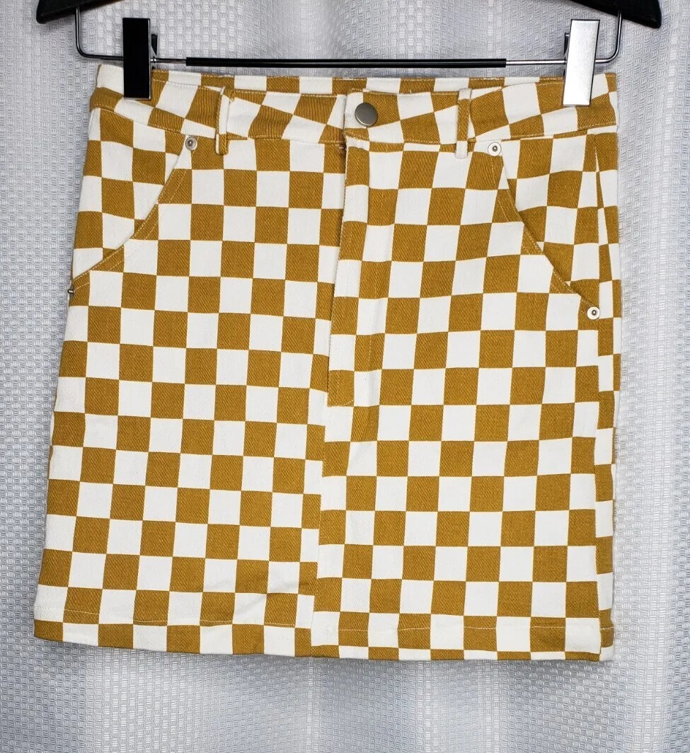 NWOT RE=NAMED WOMEN'S CHECKERBOARD SKIRT TAN & WHITE DENIM