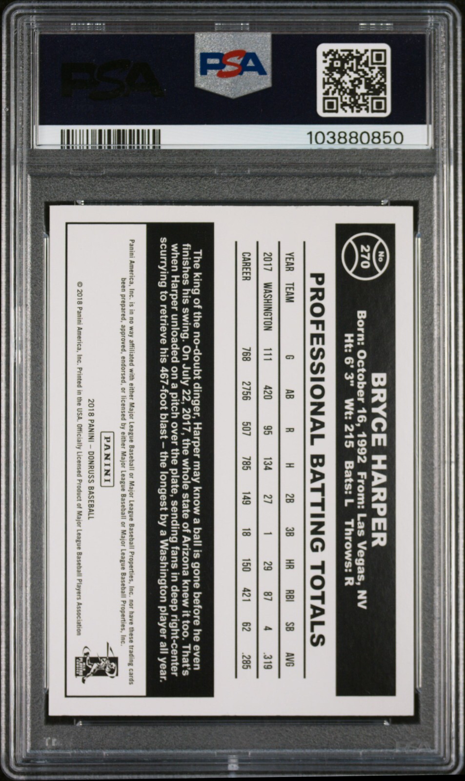 2018 Donruss 1984 Holo Blue Bryce Harper #270 PSA 9 MINT view 2