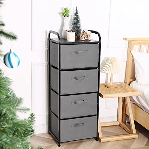 4 Drawer Fabric Dresser Tall Storage Tower, Dresser Chest with Wood Top, Grey3 - Picture 3 of 6