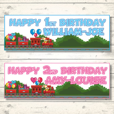 2 PERSONALISED TRAIN BIRTHDAY BANNERS - CHILDREN'S TRAIN - ANY NAME - ANY AGE