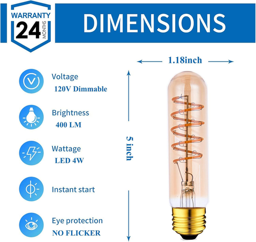 T10 LED Bulbs 40 Watt Equivalent 4W Dimmable Edison Tubular Light Bulb E26 Mediu - Picture 2 of 12