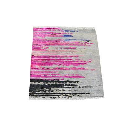2'x2' Erased Horizontal Line Design Sari Silk With Tex Wool Rug G59279