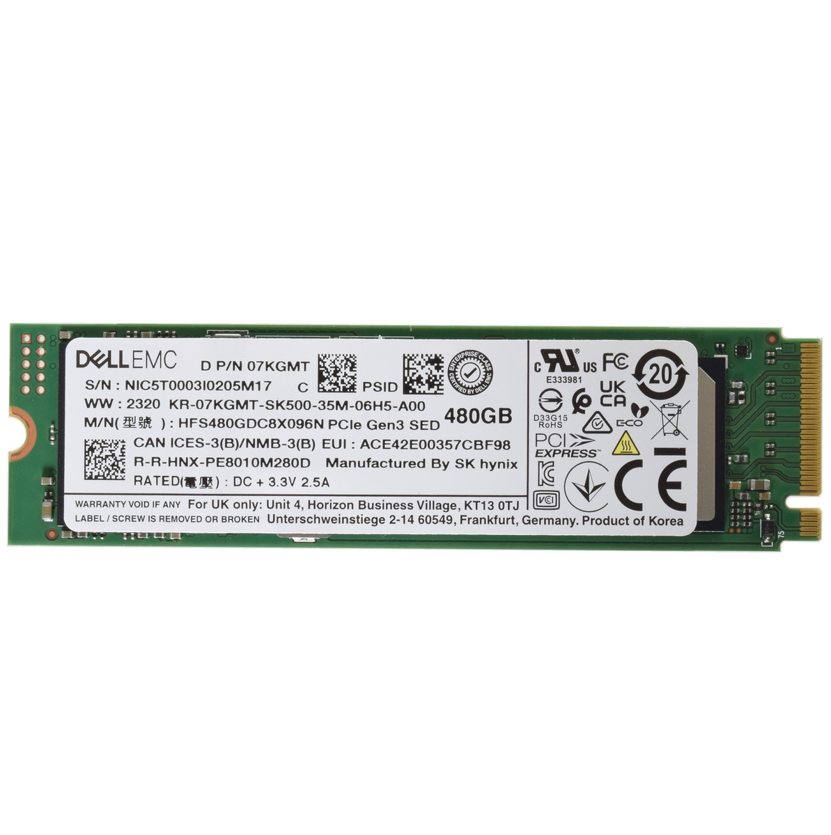 Dell純正 SKHynix M.2 480GB Gen3 NVMe SSD Dell SK Hynix M.2 480GB Gen 3 NVMe SSD Drive - 7KGMT
