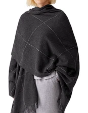 BNWT Eileen Fisher Grid-Print Fringe Italian Serape Wrap Charcoal 55x63 $198