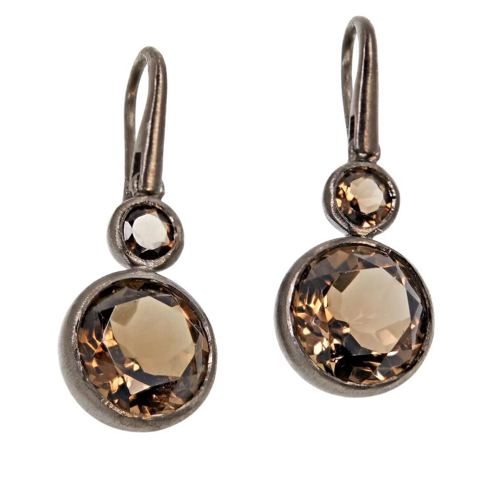 RAREZAS Pendientes colgantes de alambre francés de piedras preciosas chapadas en rodio - Cuarzo ahumado - Nuevos con etiquetas Foto 2 de 4