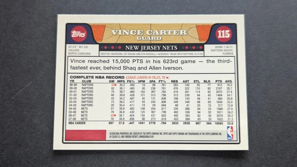 2008-09 Topps Chrome #115 Vince Carter Nets - Image 2 of 2