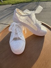 White Lace Satin Ribbon Pearl Sequin Bridal Lace Up Sneakers US Size 7