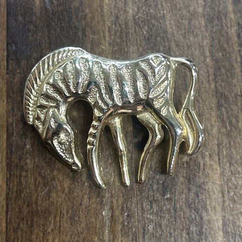 Vintage Gold Tone Prancing Grazing Zebra Pin Brooch