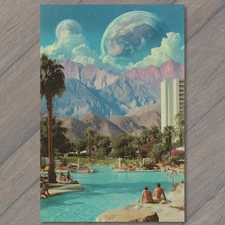 Art Print Retro Resort Pool Fantasy Earth Planet Desert Sky Surreal Mountains