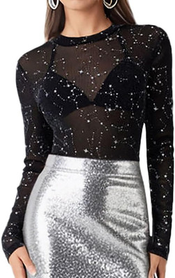 Damen Mesh Oberteil Langarmshirt transparent sexy transparentes T-Shirt Top Part