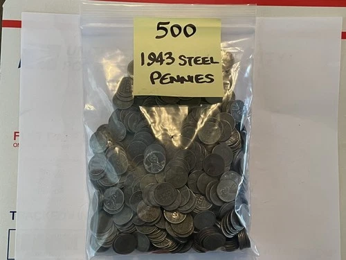 10 rolls, 500 piece bulk 1943 Lincoln Wheat Steel cent well circulated WWII