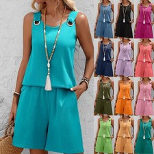 Womens Casual Tracksuits Summer Beach Vest Top Pocket Shorts Loose 2PCS Set 6-20