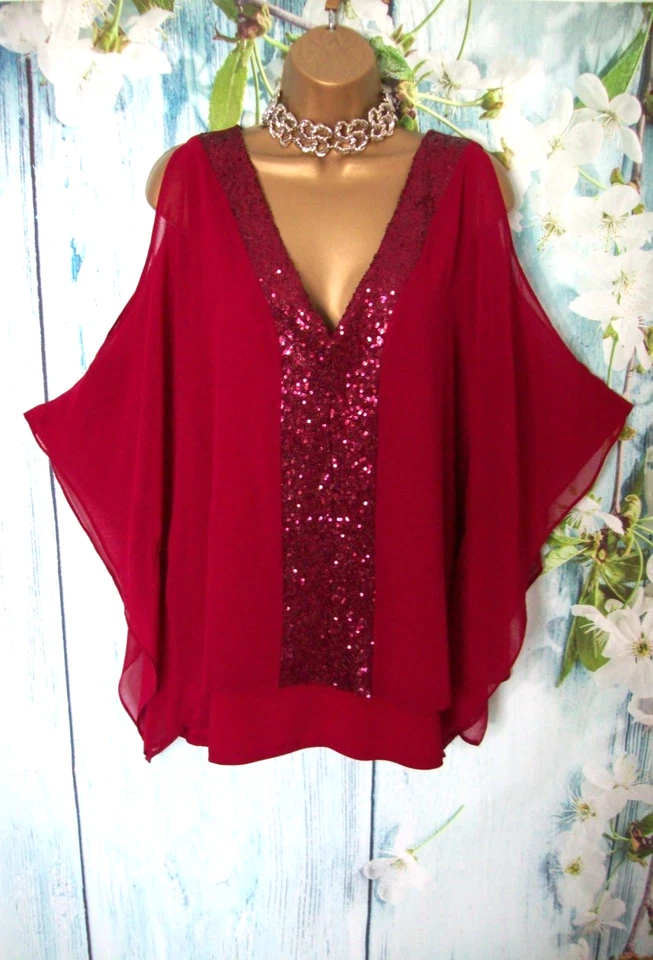 WALLIS KIMONO TOP L 16/18, Stunning Berry Red Sequin Chiffon Overlay Occasion - Image 2 of 4