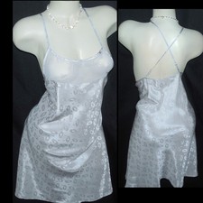 VTG 80s L BUST 38VALERIE STEVENS BACKLES SILVER SATIN/CHIFFON BABYDOLL NIGHTGOWN