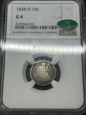 1838 O Seated Liberty Dime NGC G4 Problem Free CAC Approved Tough Date & Type