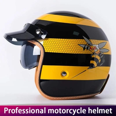OMLO Retro Motorcycle Helmet Yellow Bee 3/4 Shell Motorcycle Built-In Windshield with