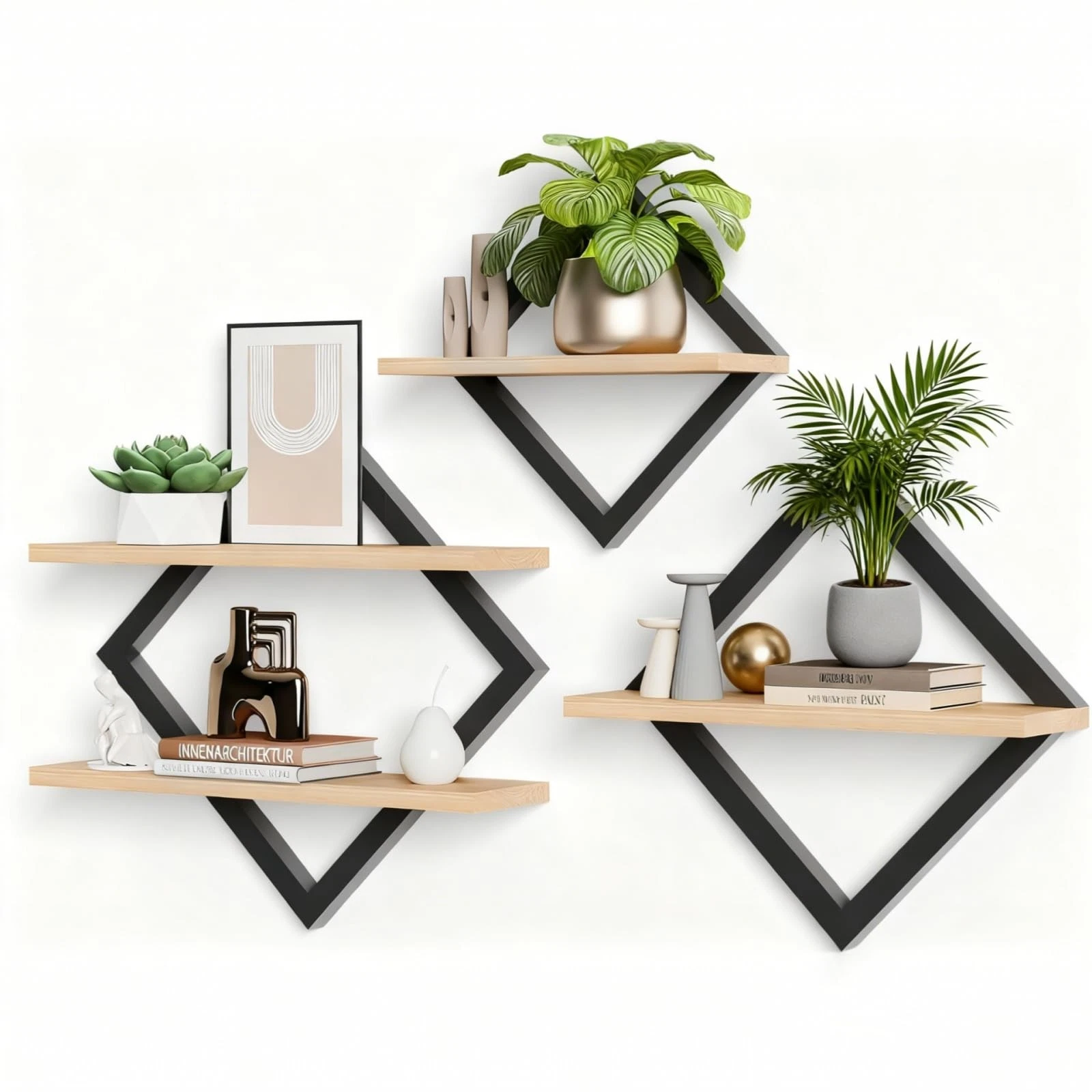 3Pcs Floating Shelves, Wall Shelves, Diamond 2-Tier Hanging Shelves Set for K...