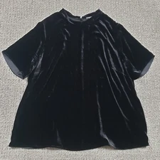 Eileen Fisher Woman 2X Top Black Crushed Velvet Rayon Silk Short Sleeve Keyhole