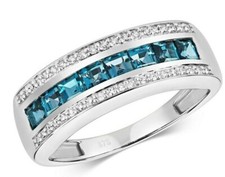 Real London Blue Topaz and Diamond Eternity Band Ring Solid White Gold