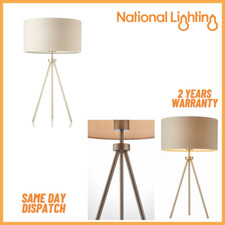 Image of Tripod LED Desk Lamp Matt Nickel Bedside Table Lamp with Grey Faux Linen Shade