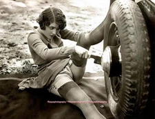Vintage Lovely Woman in Stockings Changing Car Tire 8.5x11 Photo Print Sexy Lady