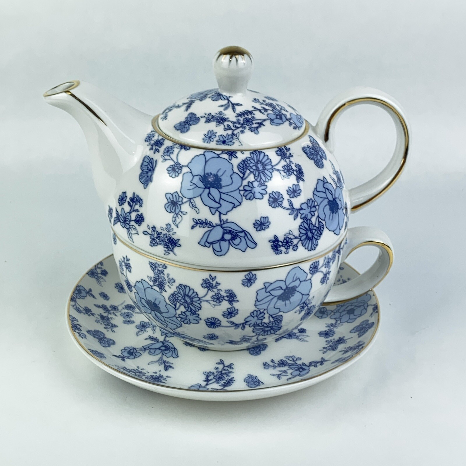 Grace Teaware Blue Flower Toile Fine Porcelain Teapot for One