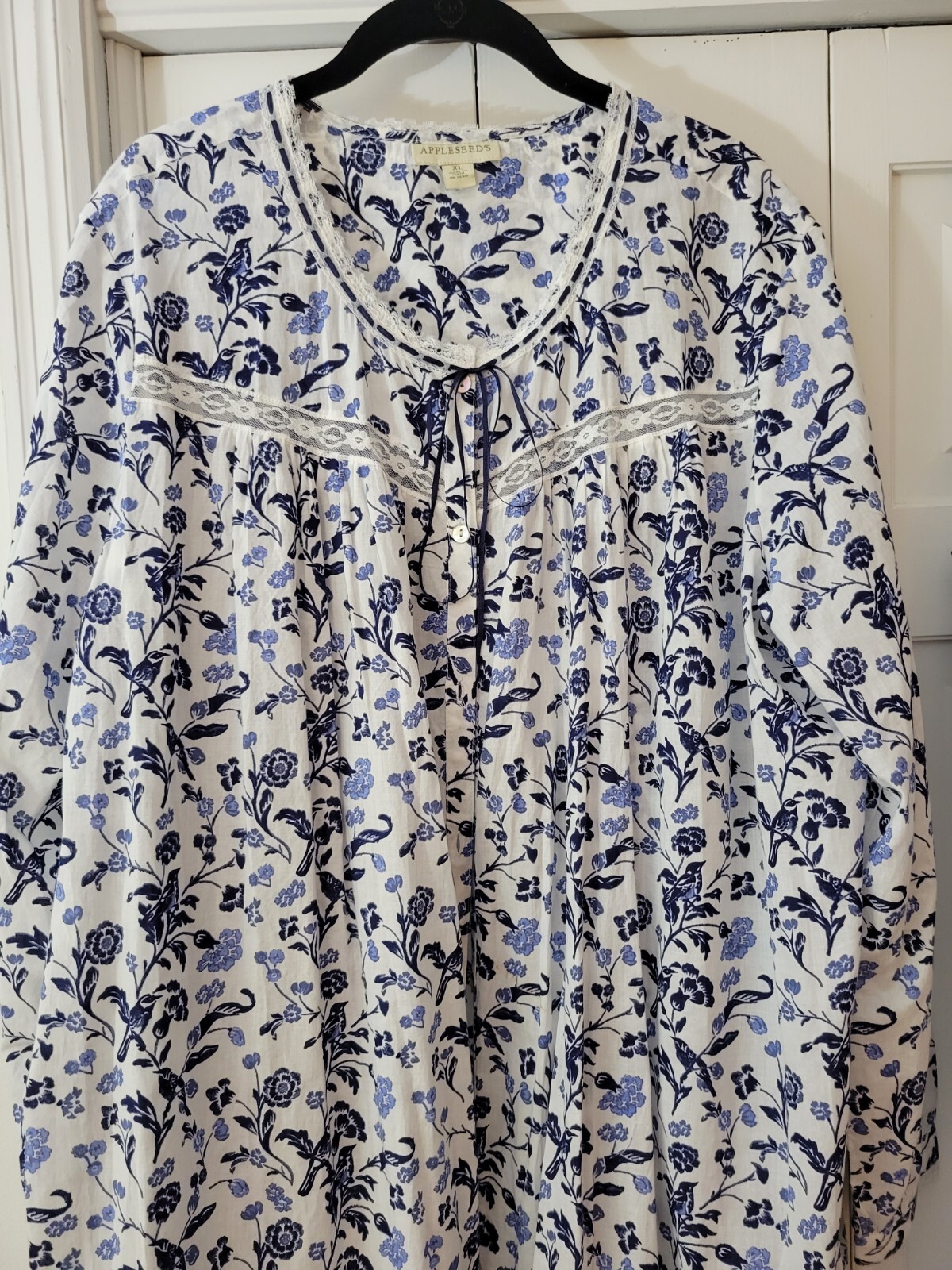 Appleseeds Long Nightgown with Robe Blue White Cotton… Gem