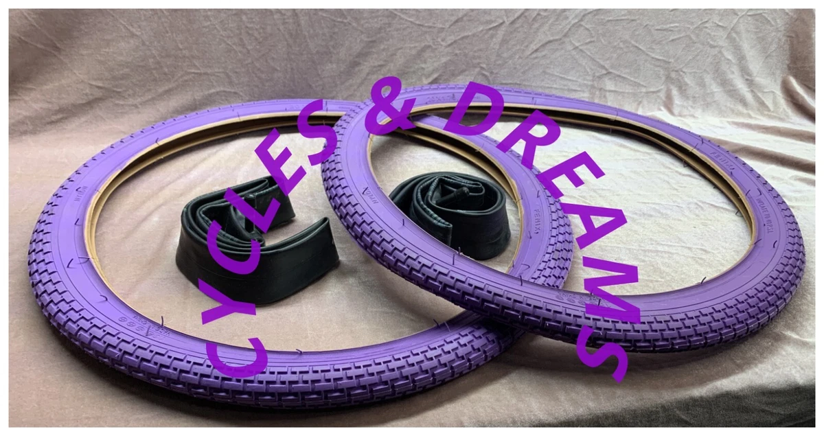 PAIR OF SOLID PURPLE SEMI SLICK BRICK BIKE TIRES 20 X 1.75 W TWO TUBES LOWRIDER
