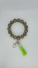 Leopard Print Beaded Stretch Keychain Bracelet Wristlet with Light Green Tassel