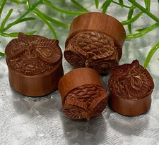 PAIR Carved Owl Red Saba Wood Plugs Gauges Body Jewelry 18mm, 22mm or 24mm 