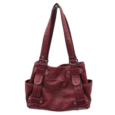Tignanello Red Leather Shoulder Bag Hobo Bag With  Chain Fabric Detail Interior