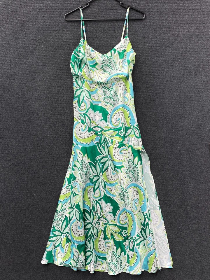 All About May Womens Size 10 A-Line Midi Dress Green Leaf Floral Lined Side Slit