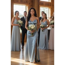 Birdy Grey Bridesmaid Dress Women S Dusty Blue V-Neck Wrap Slit Maxi wedding NWT