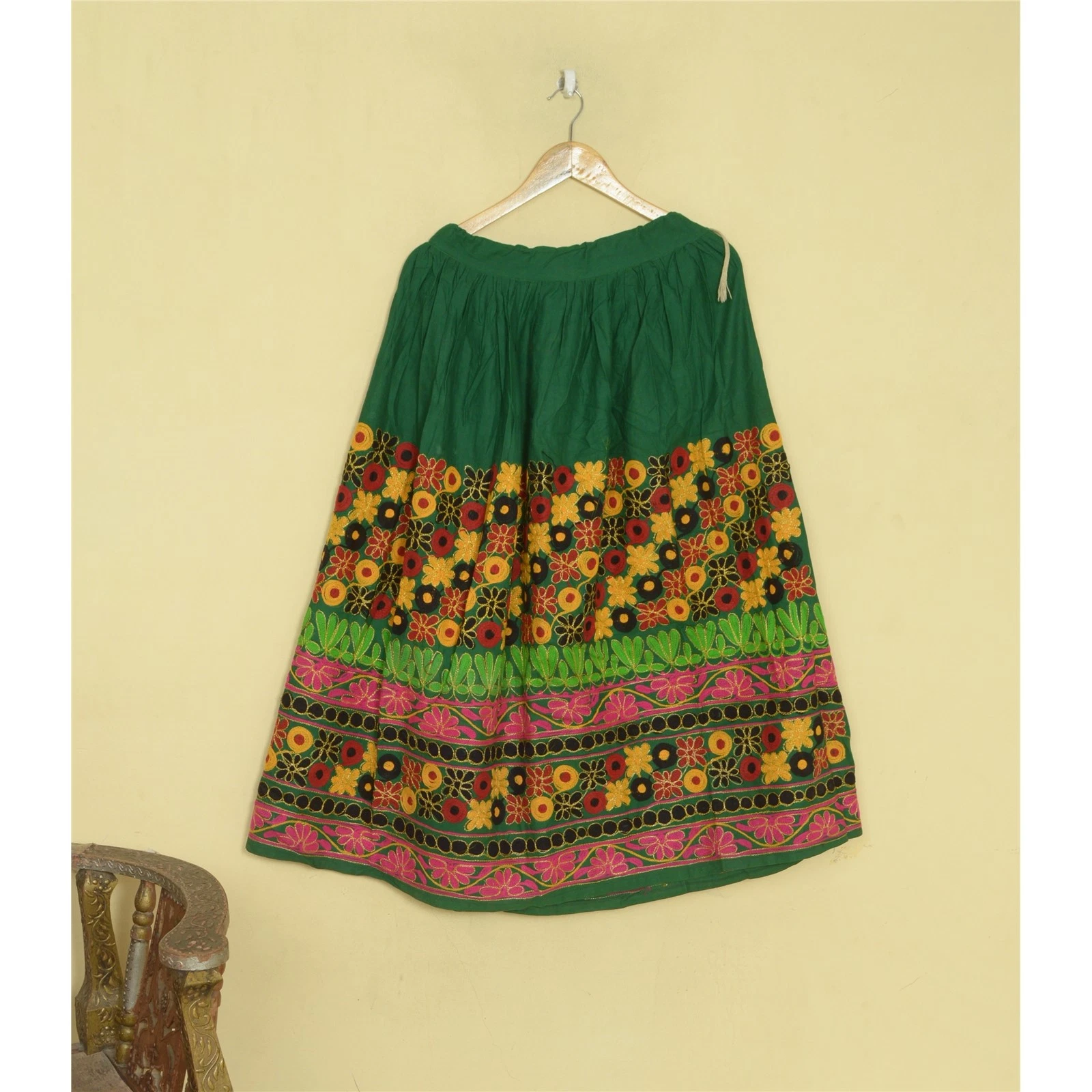 Sanskriti Vintage Green Stitched Pure Cotton Long Skirt Hand Embroidered Kutch