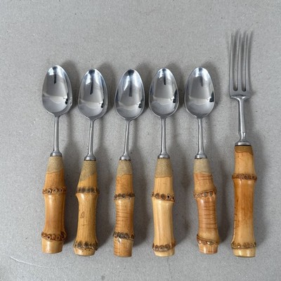 Mills Moore 5 Löffel & Gabel Bambus Holzgriffe Mid Century Vintage von (M)