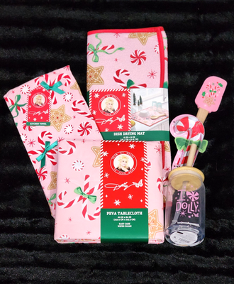 5pc Dolly Parton Table Cloth, Towel, Dish Mat, Spatula, Glass