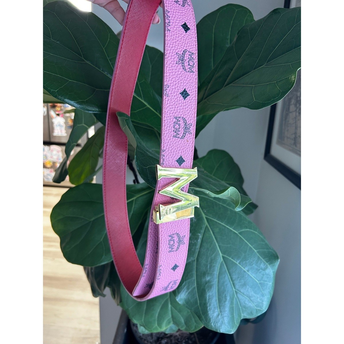 MCM Reversible Monogram Belt Pink Gold M Buckle Size 46/115 