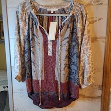 NWT Daniel Rainn Bohemian Mixed Print Blouse S 3/4 Sleeve Flowing Top