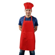 Chef Apron Hat Set 2 Pockets Adjustable Kitchen Cooking Bib BBQ Baker Costume