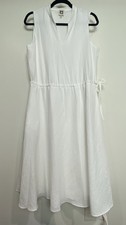 Anne Klein Dress Women Sz 12 White Sleeveless V Neck A Line Tie Waist Lined GUC