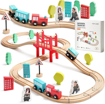 Wooden Train Set for Toddler - 39 Pcs- with Wooden Tracks Compatible with Major 
