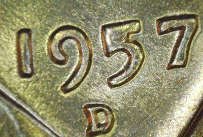 1957-D BU Red Lincoln Cent Multi die chip (date, liberty) FREE