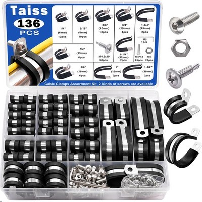 Taiss 136PCS Cable Clamps Assortment Kit 304 Stainless Steel Rubber Cushion P...