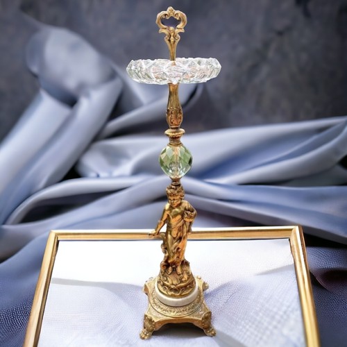 Crystal 30" Floor Ashtray Solid Bronze Cherub Marble Base Wedding Centerpiece - Picture 14 of 21