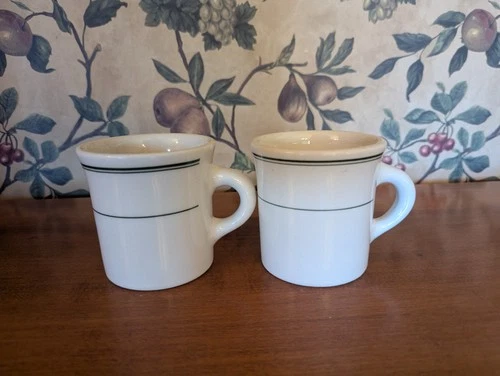 2-VINTAGE HOMER LAUGHLIN GREEN STRIPE RESTAURANT CHINA MUGS 6 OZ