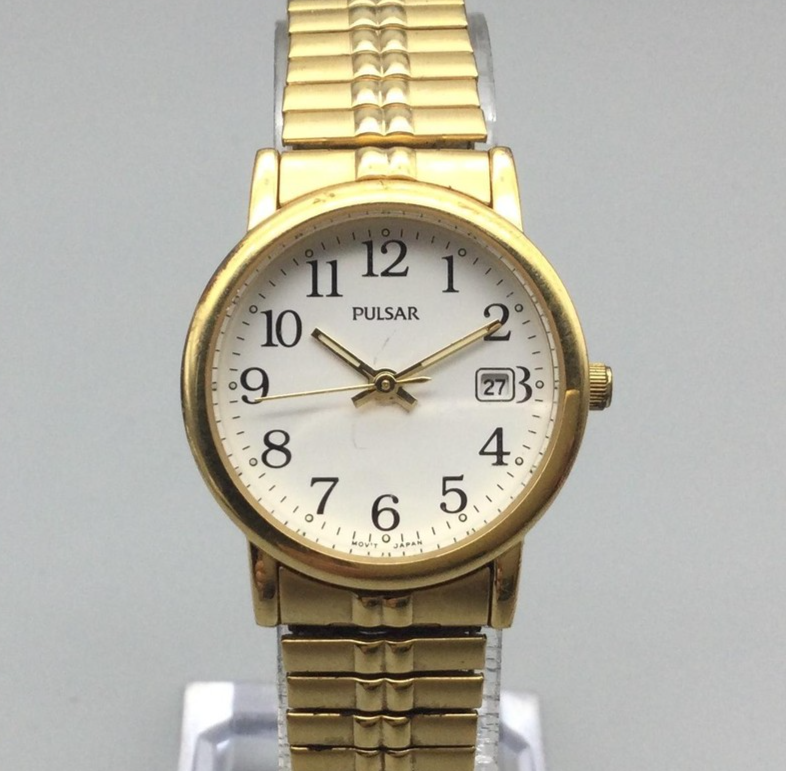 Pulsar Watch Gold Tone Womens 25mm White Dial Date V732X221 New