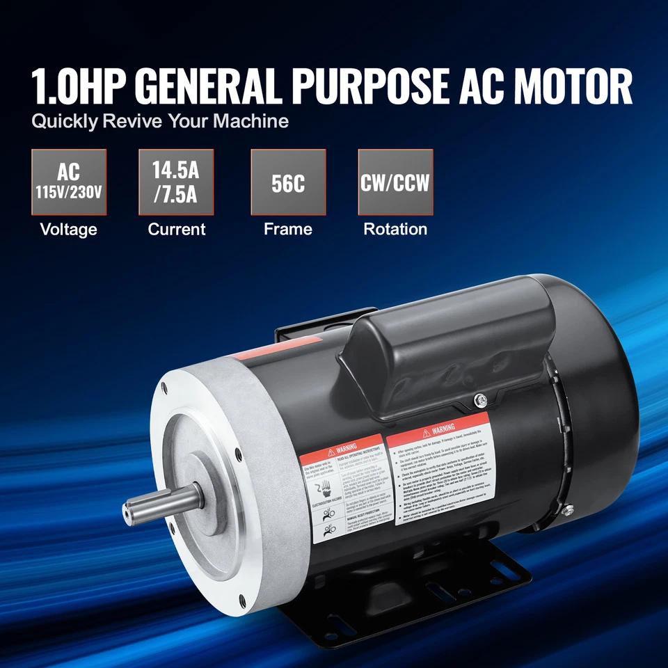 Uimoso 1HP Electric Motor 1725RPM AC115V/230V 56C Frame 1-Phase 5/8" Keyed Shaft - Image 2 of 4