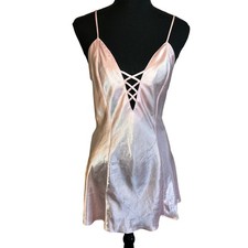 Frederick's of Hollywood Pink Satin Lace Up Mini Slip Dress Lingerie S Small