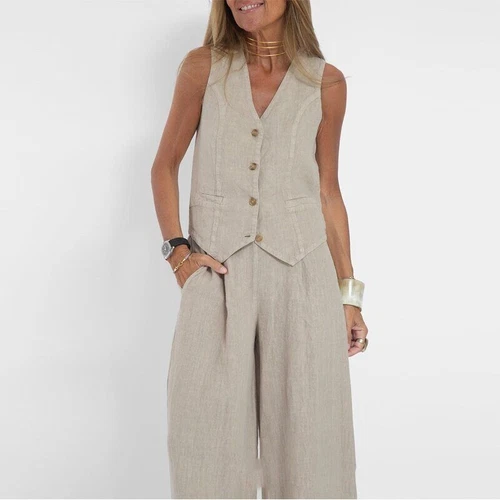 Women's suit jacket vest/top+pants new patchwork cotton linen casual set - Bild 13 von 34