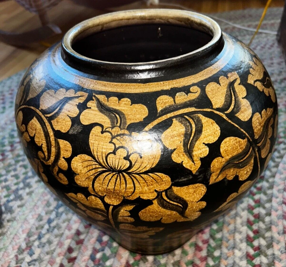 Jarrón de cerámica esmaltada marrón negro Chinese Ware 11"x16" maceta Foto 2 de 4